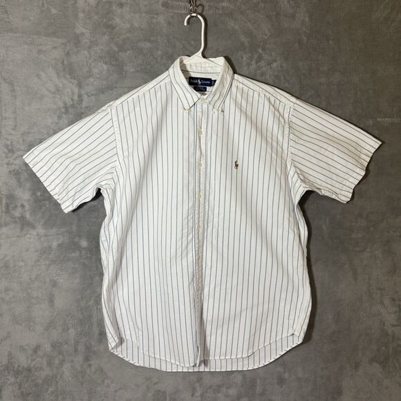 VTG Ralph Lauren Shirt L Blue White Striped Blake Pony Logo Button 90s Y2K READ - Picture 1 of 8
